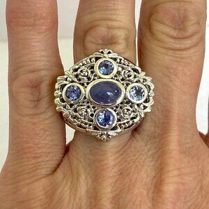 Sterling Silver 925 Thailand Scrollwork Tanzanite Chunky Wide Cocktail Ring 6.75